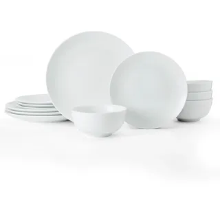 Mikasa Chalk 12-teiliges Porzellan-Geschirrset, weißes Geschirr für 4 Personen | 4x Speiseteller, 4x Beilagenteller und 4x Müslischalen - Geschenkkarton, mikrowellen- und spülmaschinenfest
