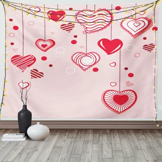 ABAKUHAUS Romantisch Wandteppich, Kontur Herzen Linien, Wohnzimmer Schlafzimmer Heim Seidiges Satin Wandteppich, 200 x 150 cm, Rosa Puder Rosa Rot