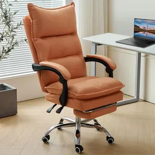 Shally Dogan Extra gepolsterter Bürostuhl mit Kunstlederbezug, Schreibtischstuhl mit ausziehbarer Fußstütze und kratzfesten Rollen, ergonomisches Design (Orange)