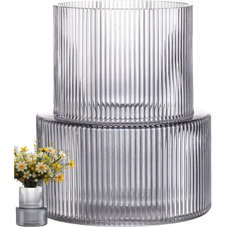 Duscdesp Vase, Glasvase, Vasen für Geriffelt Glas, Glasvasen Grau, Durchsichtig Blumenvase Modern,Groß Blumenvasen, Rosenvase für Deko Wohnzimmer, Tischdeko, Aesthetic Room Decor (Grau)