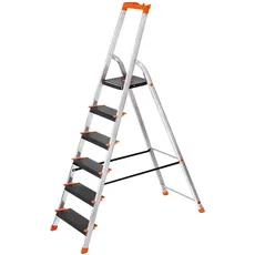 SONGMICS Leiter mit 6 Stufen, Aluleiter, 12 cm breite Stufen mit Riffelung, Anti-Rutsch-Füße, mit Handlauf, Werkzeugschale, bis 150 kg belastbar, schwarz-orange GLT06BK