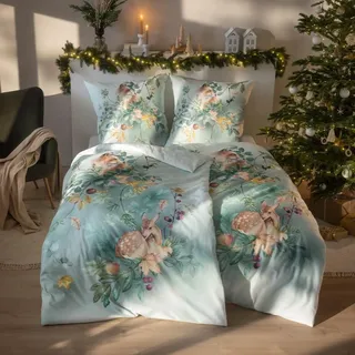Estella Kuschel Flanell Bettwäsche 135x200 Ferdinand grün Fuchs Reh 4468-530 - Grün