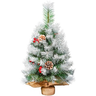 Weihnachtsbaum mit Schnee klein, Uten Tannenbaum geschmückt mit Tannenzapfen und rote Beeren, Zementbasis, Weihnachtsdeko, Geschenk