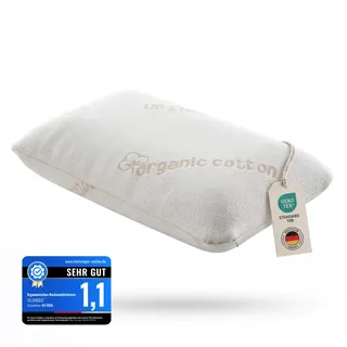 VELANIQUE® Organic Cotton, Orthopädisches Nackenstützkissen - mittelfest – für breite Schultern, Visco Kissen, ergonomisch, hautfreundlich, Natürlicher Schlafkomfort, Memory Schaum Kissen 15 cm hoch