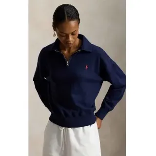 Polo Ralph Lauren für Damen. 211B18686003 Leichter Fleece-Pullover mit marinefarbenem Reißverschluss (L), Lässig, Baumwolle