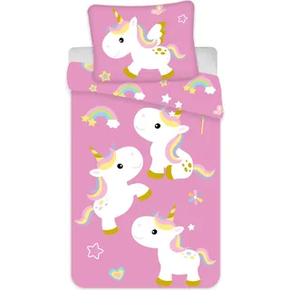 Unicorn Bettwäsche Einhorn-Motiv Bettbezug 135x200 cm + Kopfkissenbezug 80x80 cm Kinder-Bettwäsche-Set - Rosa