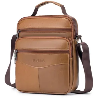 SPAHER Umhängetasche Leder Herren Groß Herrentasche Schultertasche Echtes Leder Handgelenktasche Herren Schultertasche Crossbody Bag Messenger Bags Geschenk für Männer Braun