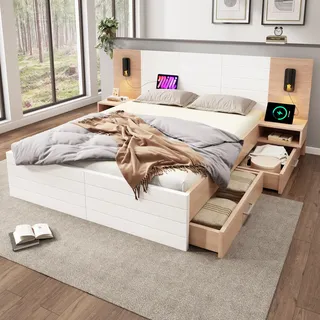 MODFU Doppelbett Holzbett Bettanlage 140×200cm mit 2 Schubladen,Kopfteil Leselicht mit USB Ladefunktion, Stauraumbett Jugendbett mit 2 Nachtkommode(Ohne Matratze),Eiche/Weiß - Weiß
