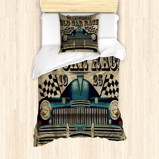 ABAKUHAUS Autos Mantele, Traditionelle alte Rennwagen, Milbensicher Allergiker geeignet mit Kissenbezügen, 135 cm x 200 cm - 80 x 80 cm, Sand Braun Schwarz Blau