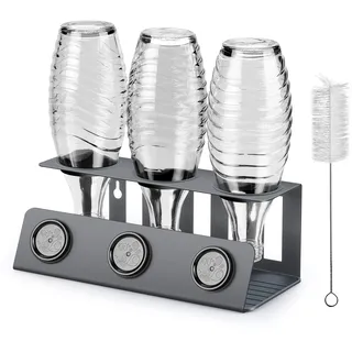 vinlley Flaschenhalter für Sodastream 3er Abtropfhalter mit Herausnehmbare Abtropfwanne und Deckelhalter, Abtropfständer für Sodastream Crystal und Emil Flaschen, Grau