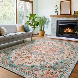 songmics home Vintage Teppich, 80 x 150 cm, Wohnzimmerteppich, Schlafzimmerteppich, Waschbarerteppich, Rutschfester Teppich, für Küche, Flur, Esszimmer, aquamarinblau TAR037Q01