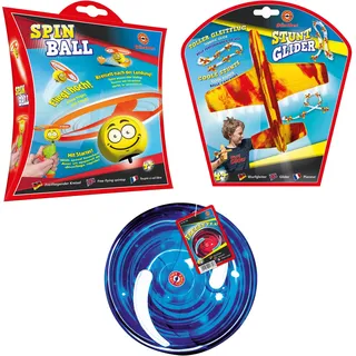 Günther Flugspiele 1713 - Flugspielzeug Set mit Wurfscheibe ca. 22 cm, Wurfgleiter Segelflugzeug ca. 18 cm & Propellerspiel Fliegender Kreisel ca. 12,5 cm, farblich Sortiert
