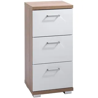 byLIVING Badezimmer Seitenschrank Nebraska in Sonoma Eiche Hochglanz lackiert/Kleiner Badschrank mit 3 Schubladen und silberfarbenen Griffen/B 35,5, H 74, T 31,5 cm Nebraska 03 Braun - Hochglanz Weiß