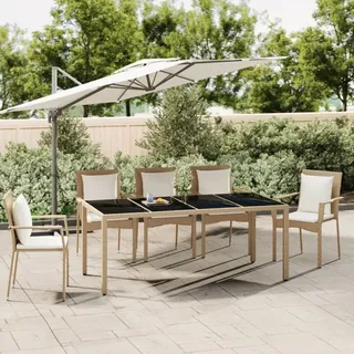 The Living Store Gartentisch mit Glasplatte Beige Poly Rattan & Hartglas - Beige