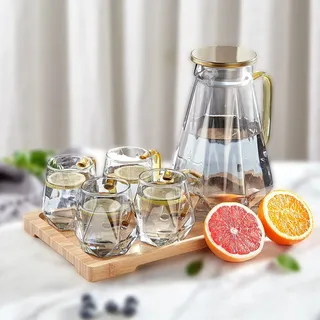 DUJUST Glaskaraffe mit Deckel 2 Liter, mit 4 Tassen, 1 Tablett, Wasserkrug im Modernen Schwarz Diamant Design, Dekoration für das Wohnzimmer, Glaskanne Hitzebeständig Pitcher für Eistee/Milch/Kaffee