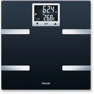 Beurer Körperanalysewaage , Schwarz , Glas , 4.8x34.8x35.2 cm , Europäischer Sicherheitsstandard , 4 Sensoren, LCD-Display, automatisches Ein-/Ausschalten, automatische Benutzererkennung, hohe Tragkraft, Bluetooth-Funktion , Badaccessoires, Personenwaagen