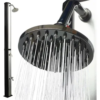 Solardusche 35 Liter mit Fußdusche – schwenkbarer Regenduschkopf – Solar Gartendusche/Außendusche/Pooldusche ohne Stromanschluss – Gartenschlauch-Anschluss, bis 60°C – Schwarz/Silber