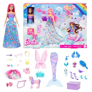 Barbie Barbie-Adventskalender mit Puppe und 24 Überraschungs-Accessoires mit Einhorn und 3 Tieren, die Modepuppe mit rosa Haaren kann in eine Meerjungfrau, Fee und mehr verwandelt Werden, HRG90