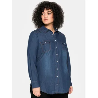 Jeansbluse SHEEGO, Damen, Gr. 40, blau (blau denim), 100% Baumwolle, unifarben, V-Ausschnitt, Blusen Jeansbluse