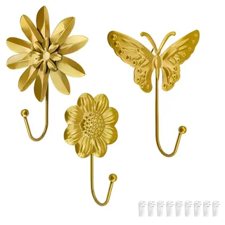 HASLED Garderobenhaken Gold 3er Set | Wandhaken mit Blumen & Schmetterling Design | Metall Kleiderhaken für Wohnzimmer, Schlafzimmer (inkl. 9 Nagel), Maximale Traglast: 3-5 kg