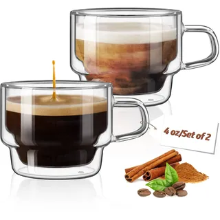 glastal Stapelbare Gläser 120ml Espresso Gläser Doppelwandige Espressotassen Glas 2er Set, Doppelwandig Kaffeegläser Teegläser Espresso Tassen Set für Tee, Milch, Geschenk für Frauen Mann