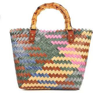 Einkaufskorb Geflochten aus Kunststoff, Strandtasche Stroh Groß, Korbtasche Handtasche, Korbtaschen Damen Mit Bambusgriff, Vintage Basttaschen Damen Sommer, Wasserdicht Einkaufstasche Geflochtene Tasc