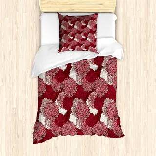 ABAKUHAUS Rot und weiß Mantele, Chrysanthemen, Milbensicher Allergiker geeignet mit Kissenbezügen, 135 cm x 200 cm - 80 x 80 cm, Maroon Weiß - Rot