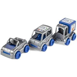 Wader 60024 - Kid Cars Spielset Polizei, 3 Blaue Fahrzeuge mit Polizeiauto, Bus und Transporter, stabile Stahlachsen, ab 12 Monaten, kreatives Spielen