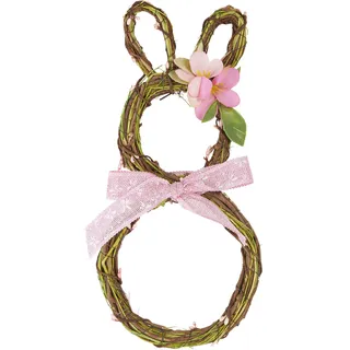 Heitmann Deco Türkranz Hase mit Schleife und Blume - Tischdeko, Fensterdeko, Wanddeko - Frühling, Ostern, Osterdeko - Natur, Rosa, 32 x 14 x 2 cm