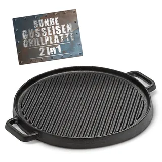 BBQ BOSS Grillplatte Induktion [2 in 1] Gusseisen Grillrost – Grillplatte rund – Platte für den Grill – wendbar – für Grill und Ofen – Ø 29,5