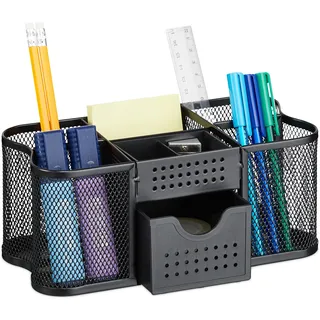 Relaxdays Schreibtisch Organizer, Büro Organizer mit Stiftehalter & Schublade, Metall, HBT: 10 x 23,5 x 11,5 cm, schwarz