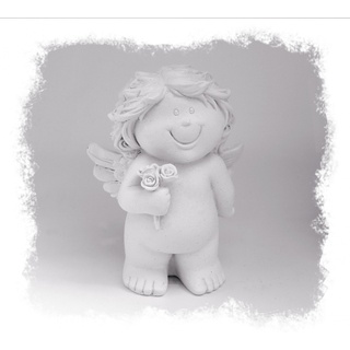 TEMPELWELT® Deko Figur Engel Schutzengel Mit Blumen 9,5 cm, Polystein Weiß, Dekofigur Babyengel Rubensengel Engelkind Dekoengel Liebesengel Rosen Geschenk