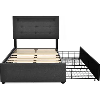 Flieks Polsterbett 90x200cm mit LED und höhenverstellbarem Kopfteil, Einzelbett mit Lattenrost und 2 Schubladen, Stauraumbett Leinen, Grau - Grau