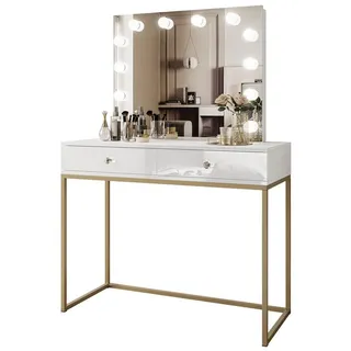 Lookway Schminktisch Blanco Gold Elite mit Spiegel und Beleuchtung Weiß Hochglanz Kristallgriff , Weiß Hochglanz, Goldfarben , Holzwerkstoff , 100x146x42 cm , Schlafzimmer, Schminktische