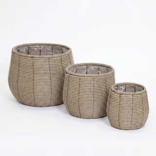 colourliving Gala Pflanzkübel 3er Set Polyrattan, Übertöpfe naturgrau mit Folieneinsatz und Metallrahmen für Wohnzimmer Wintergarten und überdachten Außenbereich (Cauldron – Bauchige Form)
