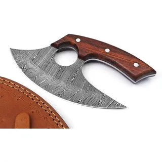 TATLA CRAFT Pizzaschneider Axt aus echtem Damaststahl – Handgeschmiedetes Damast Pizzamesser mit Rosenholzgriff & Lederscheide – Wiegemesser für Pizza, Fleisch & Gemüse with Leather Sheath, Wood,Steel