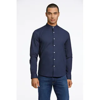 Langarmhemd LINDBERGH, Herren, Gr. L, N-Gr, blau (navy mix), Stoff, Obermaterial: 97% Baumwolle, 3% Elasthan, slim fit normal, Rundhals, mit Knöpfen 2-Knopf-Manschette mit Knöpfen, Hemden Langarmhemd, mit Stehkagen