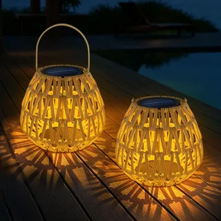 Solarlampen Für Außen Hängend/Stehend, 2 Stück Solarlaterne Für Außen, IP65 Solar Lampions Außen Wetterfest, Solar Laternen Für Draußen, Rattan Solarleuchten Garten Balkon, Solarlaterne Outdoor (B)