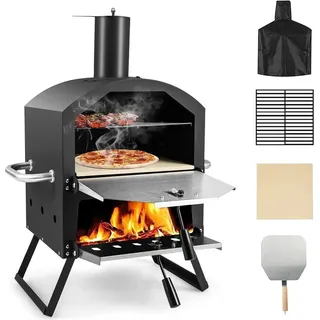 Goplus 2 in 1 Pizzaofen outdoor, Gartenofen aus Edelstahl mit Pizzagrill, Pizzaschaufel, Pizzastein für Party Camping Picknick, tragbarer Holzofen mit Griff, Rädern