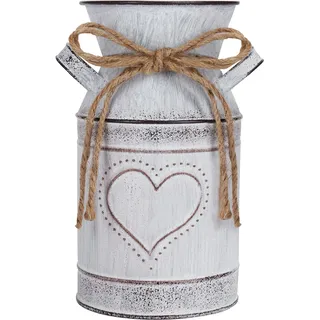 Belle Vous Rustikale Deko Blumenvase aus Metall - 10,3 x 19 cm - Milchkanne Deko Vase mit Weißem Herz im Shabby Chic Vintage Stil - Schlichte Deko Landhausstil Vase für Haus- & Garten Tischdeko