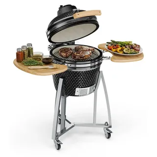 Klarstein Queensize Kamado-Grill - zum Grillen, langsamen Garen, Smoken oder Backen, abnehmbare Seitenteile, Materialien: Keramik, Edelstahl, Bambus, Thermometer von 0-450 °C, 3 Rollen, schwarz - Schwarz