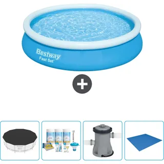 Bestway runder aufblasbarer Fast-Set-Pool – 366 x 76 cm – Blau – im Lieferumfang enthalten Abdeckung - Wartungspaket - Pumpe - Bodenplane - Blau