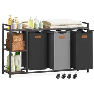 VASAGLE Wäschekorb 3 Fächer, Wäschesammler 150 L, Wäschesortierer, Rollen, Wäschewagen mit Ablagen, Wäschesack, mit abnehmbaren Taschen, 6 Etiketten, kastanienbraun-tintenschwarz-taubengrau BLH312B01