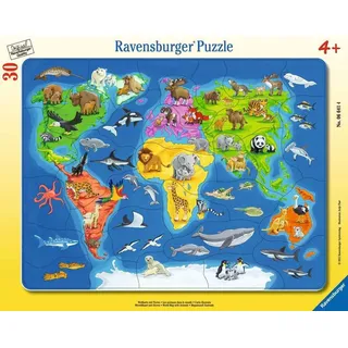 Ravensburger Kinderpuzzle - 06641 Weltkarte mit Tieren - Rahmenpuzzle für Kinder ab 4 Jahren, mit 30 Teilen