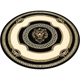 Premium Runder Designer Teppich Wohnzimmer Schlafzimmer Rund Kurzflor in Schwarz Gold 200 Durchmesser Löwe Mäander Design - Anti-Rutsch antiallergisch weich flauschig 100% Viskose - 200x200, Rund