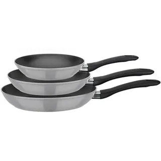 GSW Pfannenset , Hellgrau , Metall , 3-teilig , ISO 9001 , hitzebeständige Griffe, rostfrei, antihaftbeschichtet, geschmacksneutral, ergonomischer Griff, energiesparend, Thermoboden, wärmeisolierter Griff , Kochgeschirr, Pfannen, Pfannensets