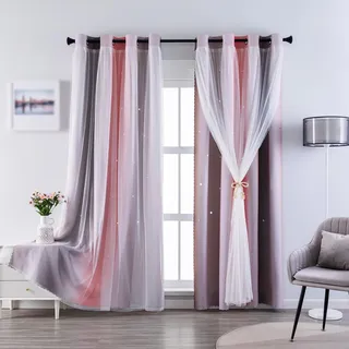 indistar Verdunkelungsvorhänge für Mädchen, Kinderzimmer, doppellagig, Sternausschnitt, Farbverlauf, gestreift, 1 Vorhang (Rosa/Grau, B 132 x L 160 cm)