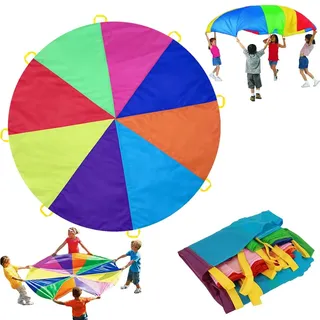 Dimoxii 2M Schwungtuch Bunt für Kinder, Regenbogen Fallschirmtuch mit 8 Griffen, Parachute Spieltuch für Kindergarten, Kinderturnen & Gruppenspiele Drinnen & Draußen