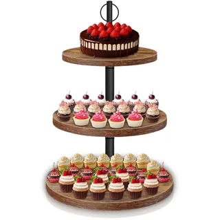 3-stöckiger Kuchenständer, Großer Cupcake Ständer Ø 20.06cm Ø24.89cm Ø29.97cm, Etagere 3 Etagen aus Holz, Muffins, Kuchen Obst Kekse Süßigkeiten Servierplatte, für Party Geburtstagsparty Baby Duschen