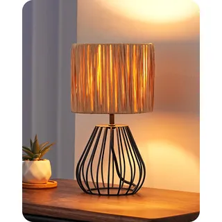 EDISHINE Tischlampe Wohnzimmer, Boho Tischleuchte mit gewebtem Papierseil-Schirm in Metallgitter-Optik, E14 Nachttischlampe Vintage für Schlafzimmer, 29 cm, inkl. 4W LED-Leuchtmittel, Schwarz